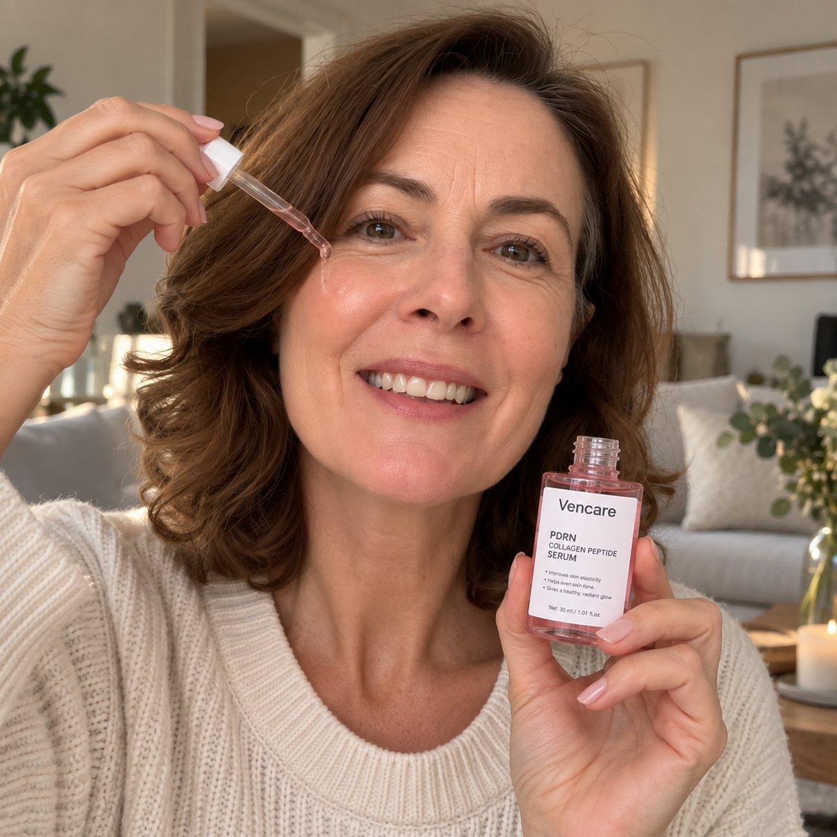 Kvinna håller en flaska Vencare-serum